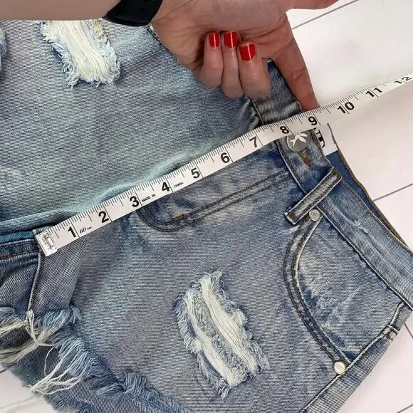 One Teaspoon Shorts Womens 25 Blue Bandits High Rise Distressed Raw Hem Ripped - Picture 8 of 10
